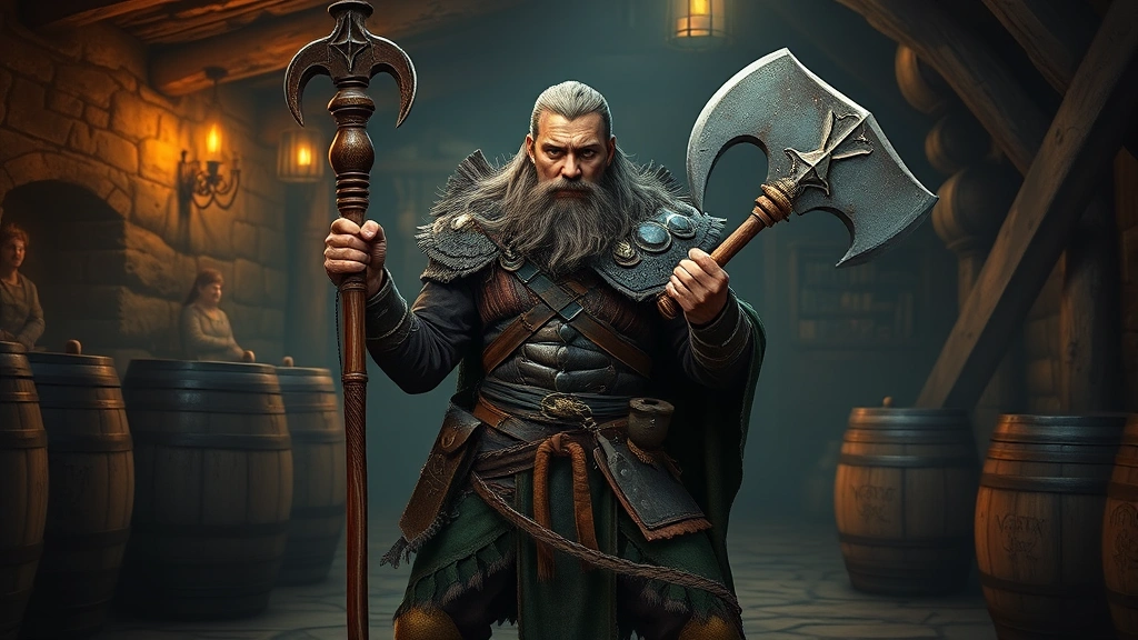 A fantasy warrior holding a wooden staff and mace, standing in a combat stance in a dimly lit tavern with barrels and stone walls in the background