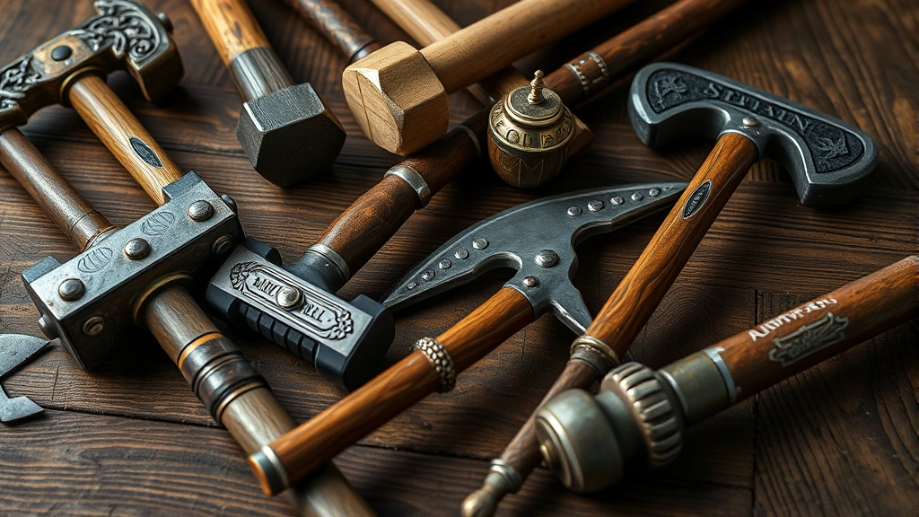 Close-up of various fantasy weapons arranged on a wooden table: bludgeoning maces, clubs, morning stars, and blunt force implements, photorealistic style