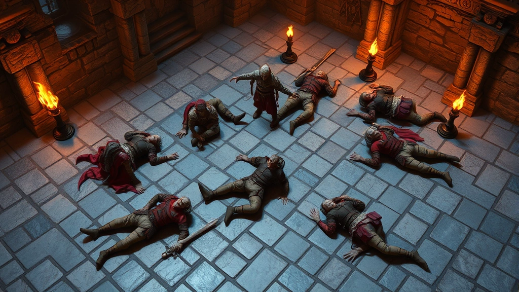 A group of adventurers positioned strategically around unconscious enemies lying on a stone floor, torches illuminating the scene, tactical RPG battle