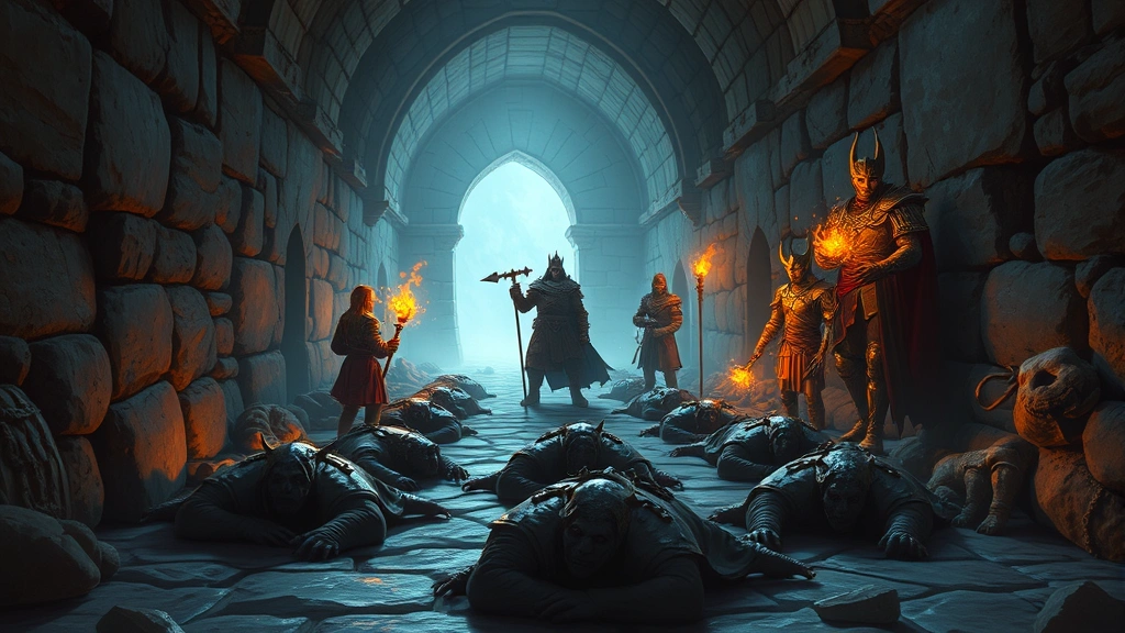 A group of fantasy adventurers standing over sleeping enemies in a stone dungeon corridor, with magical glowing effects and torchlight illuminating the scene