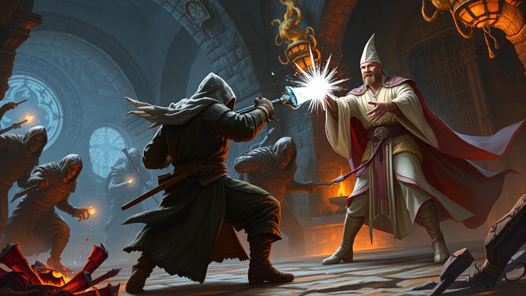 A rogue using stealth positioning behind enemies while a cleric casts a shimmering control spell, collaborative combat tactics, fantasy dungeon setting