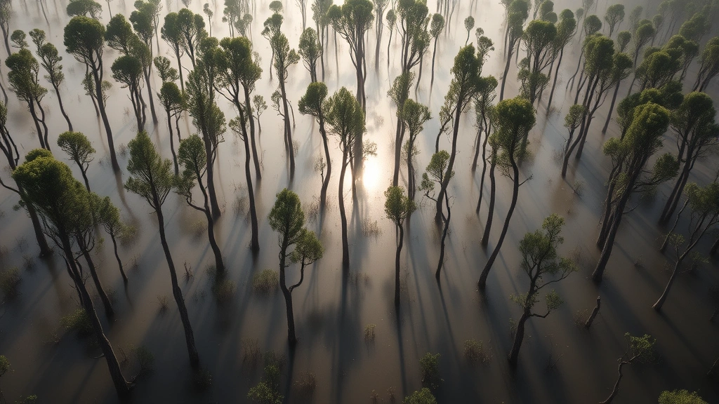 Aerial view of vast cypress swamp with water channels reflecting sunlight, tall cypress trees with knees protruding from water, misty morning atmosphere