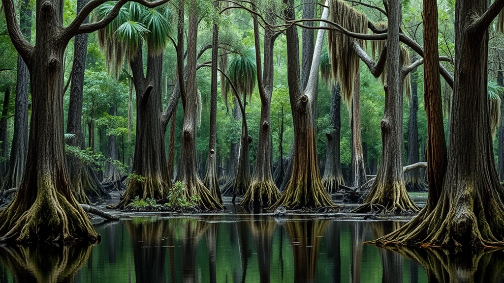 Dense cypress forest swamp landscape with gnarled tree trunks rising from dark water, Spanish moss hanging from branches, wildlife habitat ecosystem
