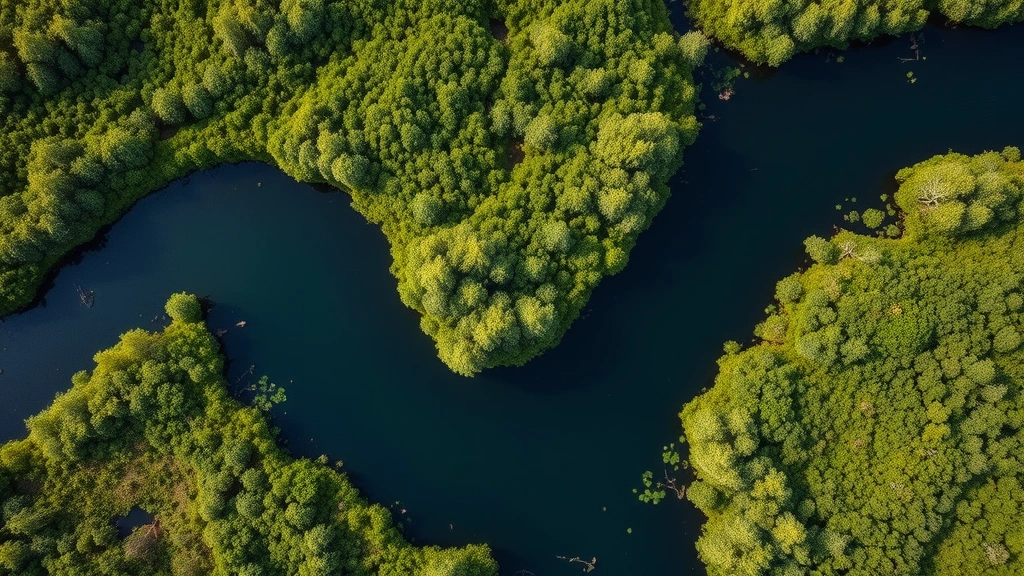 Aerial view of winding waterway through green swampland with cypress trees and vegetation creating natural patterns