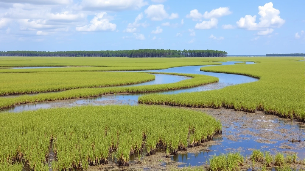 Expansive wetland marsh landscape with open water channels, cypress trees in distance, native water plants and vegetation, natural Georgia swamp environment