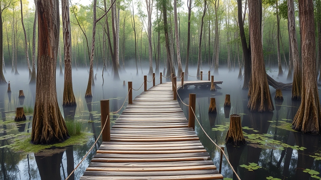 Wooden boardwalk extending through swamp forest with cypress knees protruding from water, morning mist rising, wildlife habitat