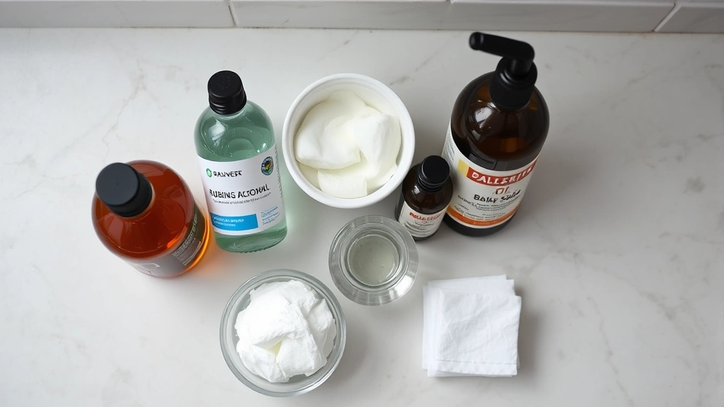 Overhead view of bathroom counter with various removal solutions including rubbing alcohol, oils, baking soda paste, and cotton pads arranged neatly