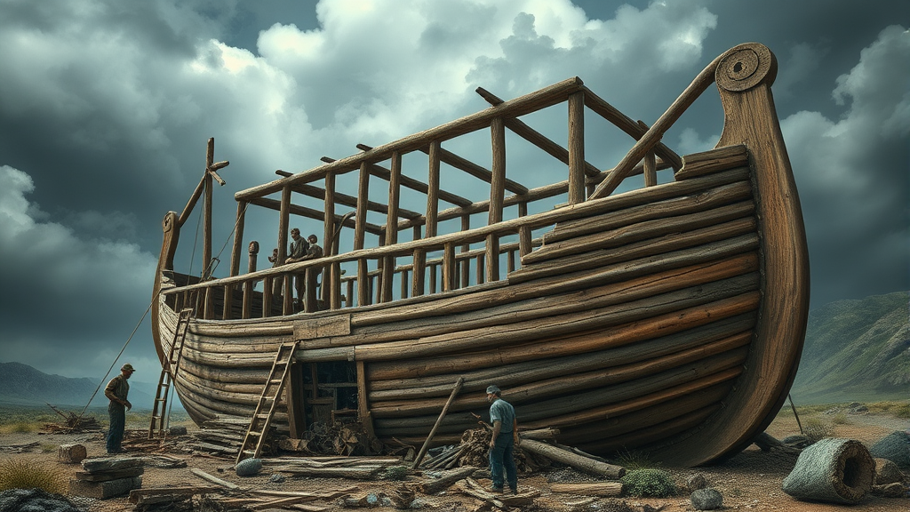 Ancient wooden ark construction with workers and tools under stormy skies no text no words no letters