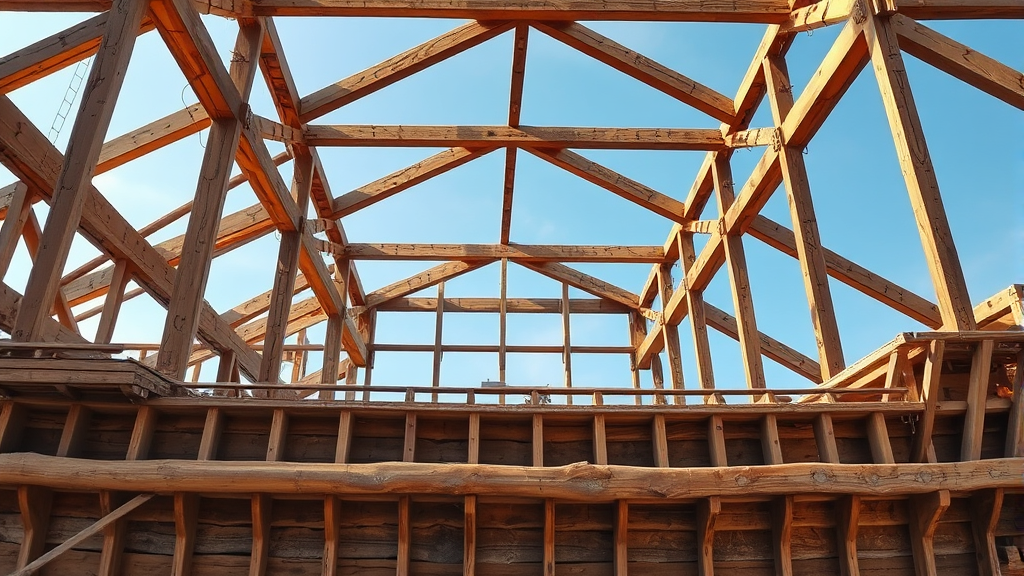 Massive wooden ship frame structure with beams and construction details no text no words no letters