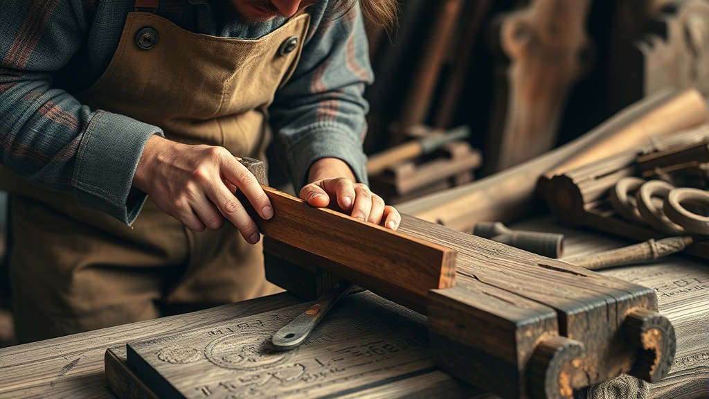 Person working with wood and ancient tools showing dedication and craftsmanship no text no words no letters