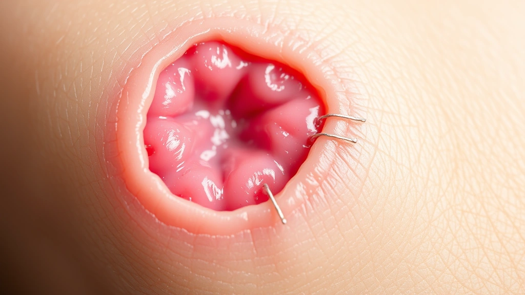 Close-up of a healing surgical wound with sutures, showing healthy pink tissue and fine detail, natural lighting on skin