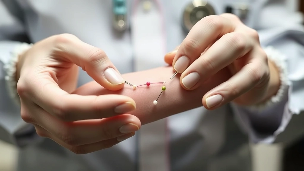 Medical professional's hands gently examining a healing incision site with absorbable stitches, clinical setting with soft focus background