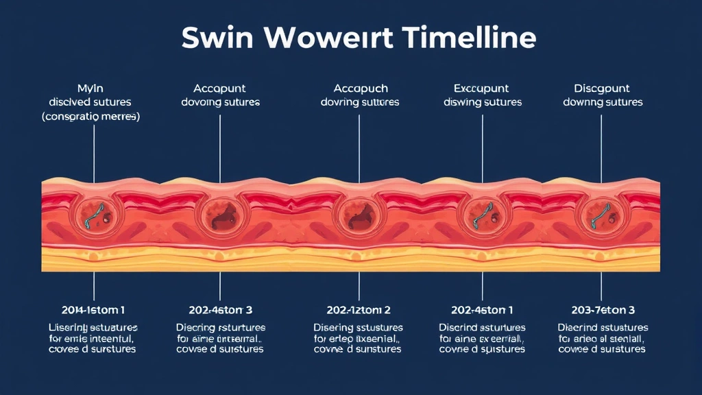 Timeline visualization showing stages of wound healing with dissolving sutures, progressive healing phases displayed in clean medical illustration style