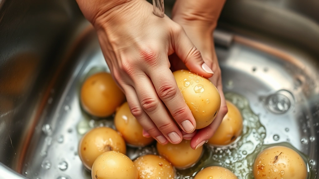 Close-up of hands scrubbing fresh potatoes under running water in a stainless steel sink with water droplets visible