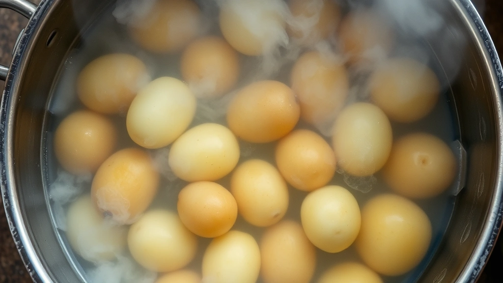Overhead view of a large pot with boiling water and various sized potatoes submerged, steam rising from the surface