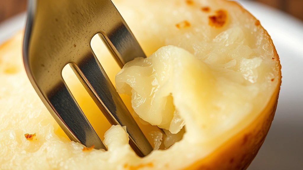 Macro shot of a fork piercing through a cooked potato to test tenderness, showing the soft interior texture clearly