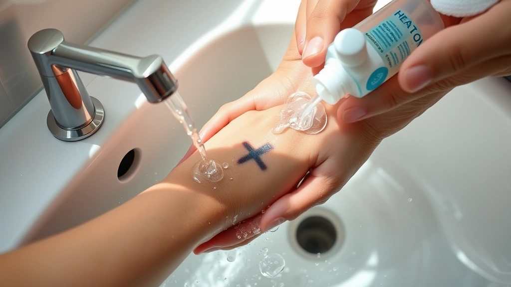 Person gently washing a healing tattoo under lukewarm water with antibacterial soap, hands visible, clean bathroom setting, natural daylight