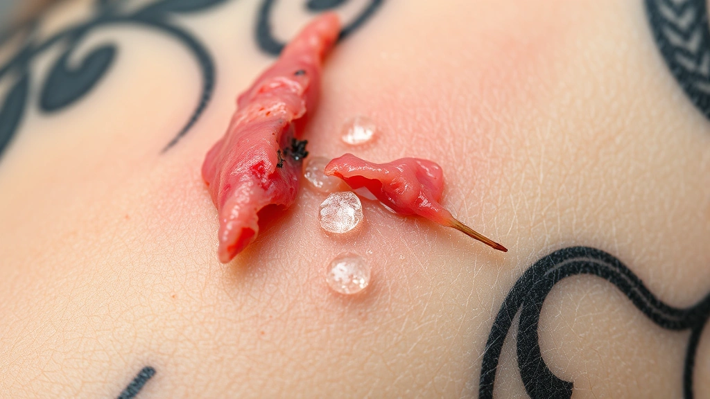 Detailed macro photography of tattoo peeling stage showing natural scab formation and skin healing process without visible text