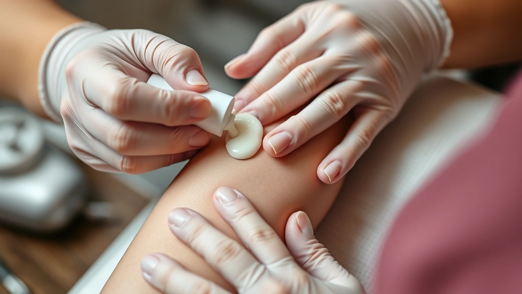Hands applying moisturizer to healing tattoo on arm, demonstrating proper gentle aftercare technique with clean application