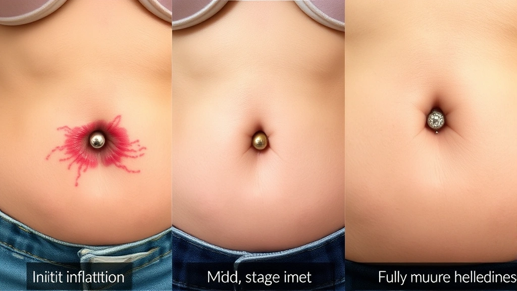 Detailed comparison showing three stages of belly button piercing healing: initial inflammation, mid-stage tissue development, and fully mature healed piercing