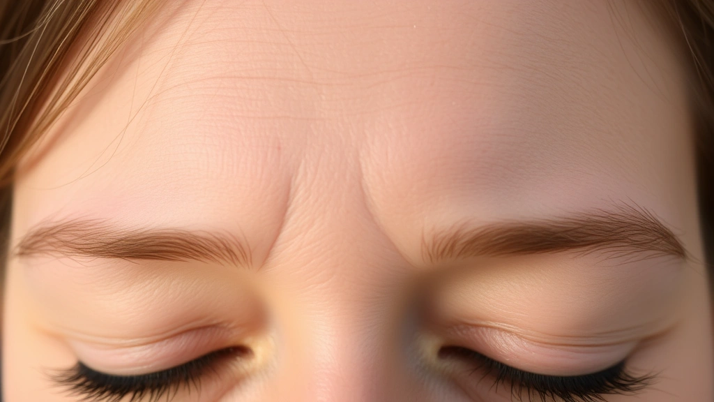 Close-up of a woman's forehead showing subtle expression lines and wrinkles, natural lighting, peaceful expression