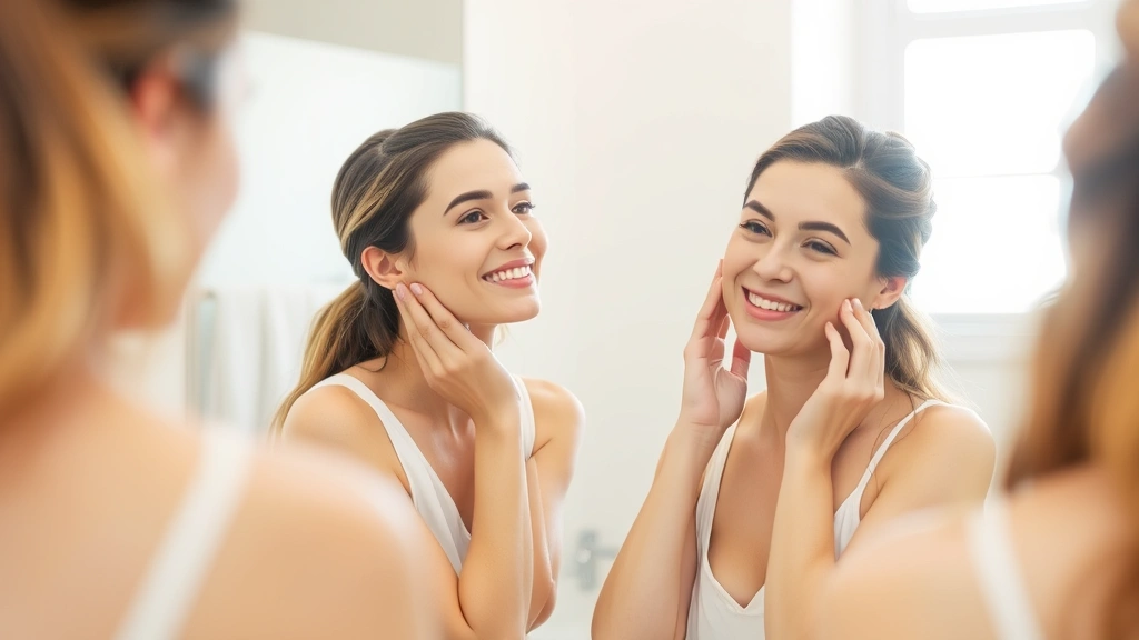 Woman examining her reflection in mirror, touching her cheek, showing satisfaction and confidence, bright bathroom setting