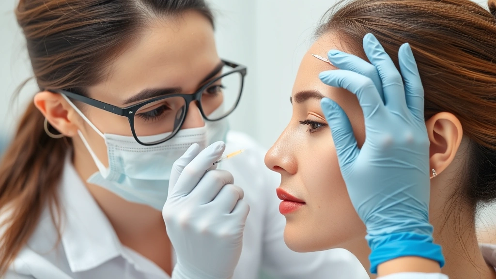 Medical professional administering Botox injection to female patient's forehead area, sterile clinical environment, precise technique
