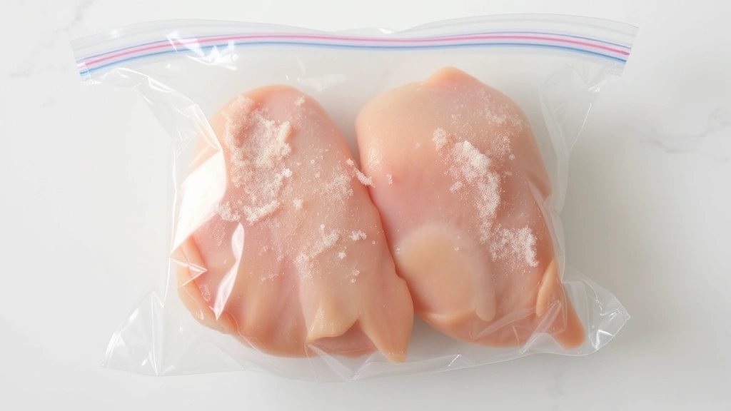 Frozen chicken breasts in clear plastic freezer bag on white countertop, frost crystals visible on poultry surface
