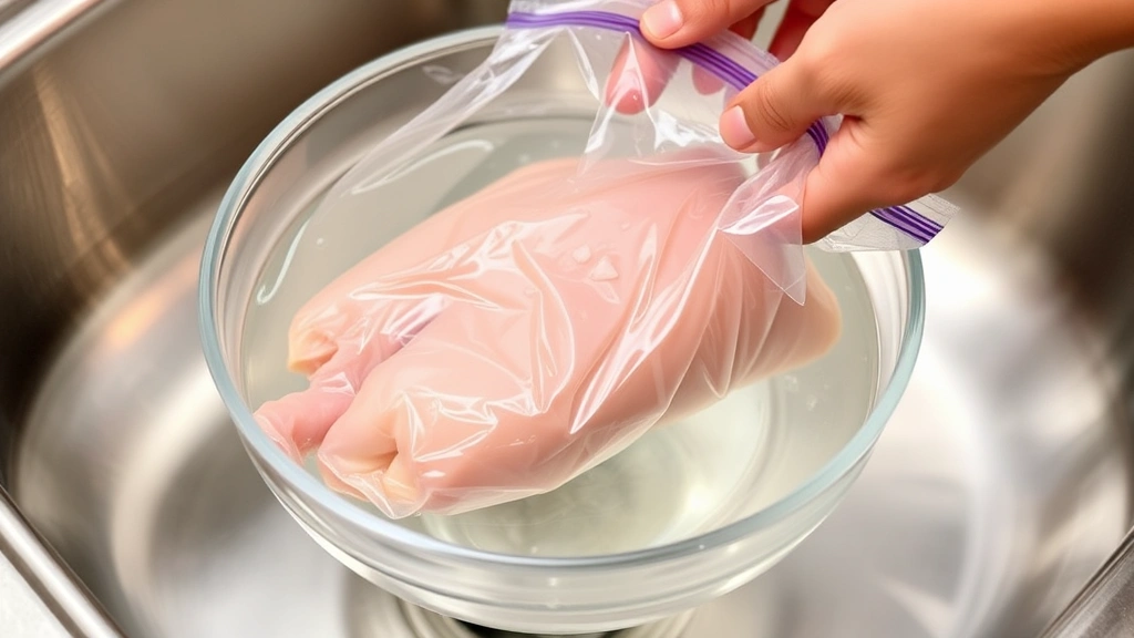 Sealed plastic bag with chicken submerged in clear bowl of cold water, hand changing water, stainless steel sink background
