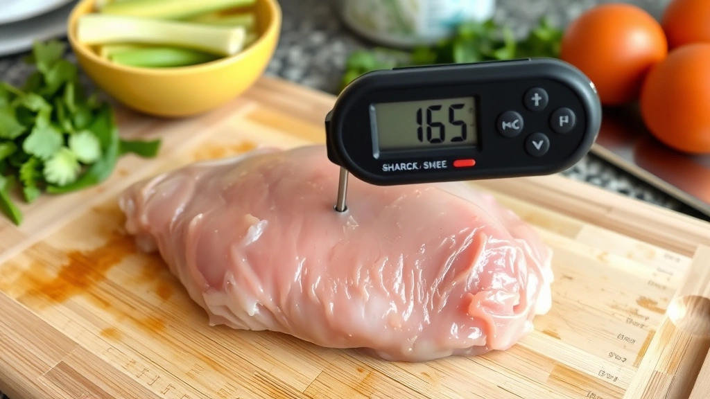 Chicken thermometer inserted into thawed chicken breast showing 165 degrees Fahrenheit, cutting board and kitchen prep area