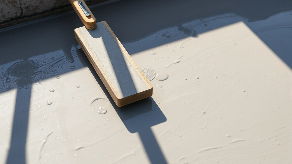 Fresh gray concrete surface being poured and leveled with wooden float tool, water droplets visible on surface, morning sunlight creating shadows
