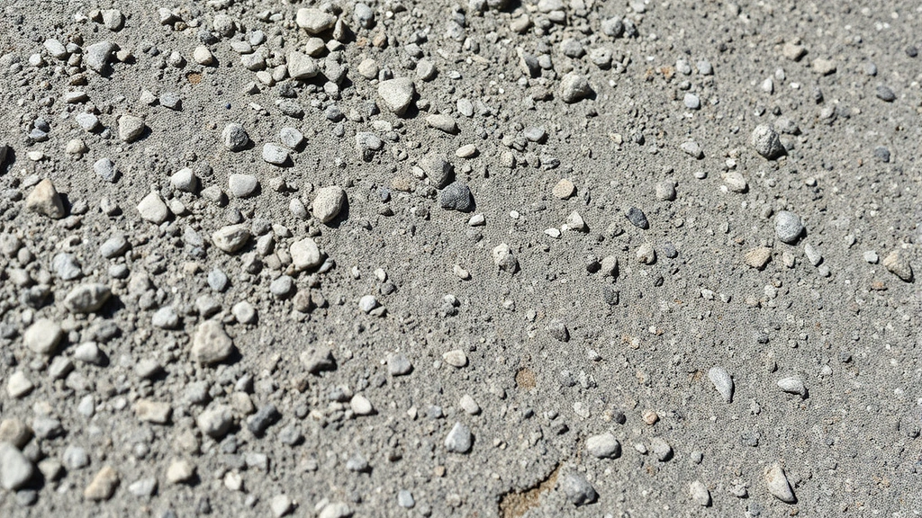 Close-up of concrete texture showing aggregate stones embedded in gray cement, natural outdoor lighting, sharp focus on surface detail
