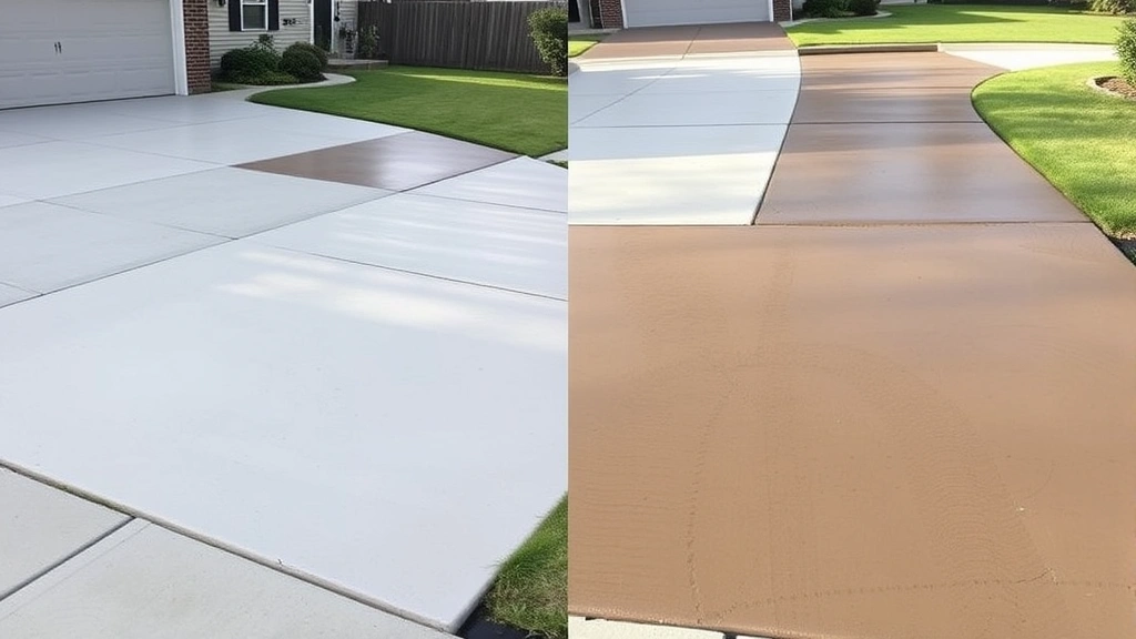 Outdoor residential driveway with concrete sections at different curing stages, showing color variations and surface conditions, residential setting visible