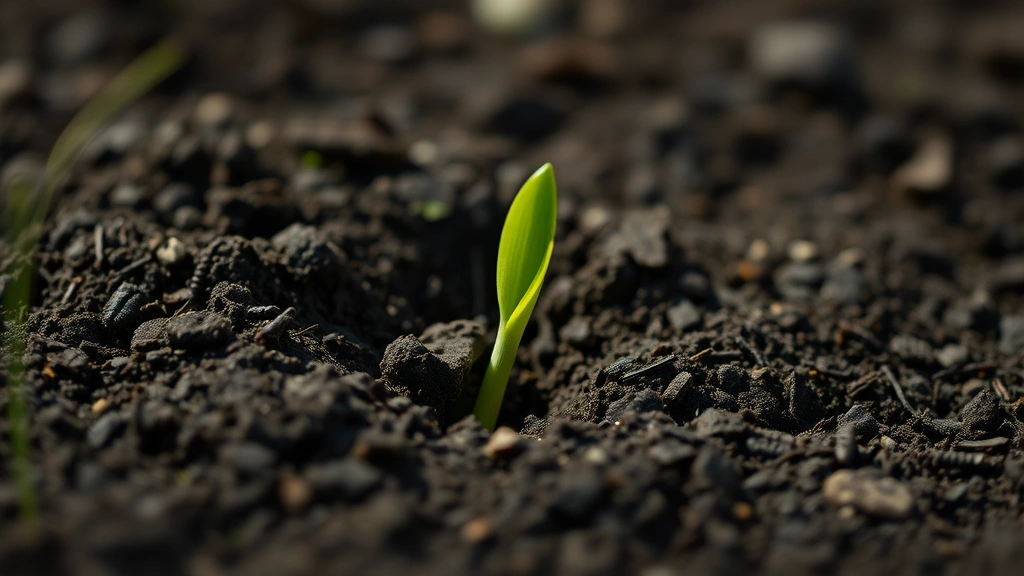 Close-up of grass seedling emerging from dark moist soil, tender green shoot breaking through earth surface, natural daylight, shallow depth of field
