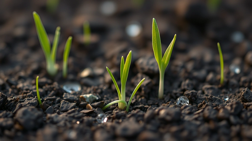Close-up of grass seedlings emerging from rich, dark soil with morning dew droplets, shallow depth of field showing delicate green shoots