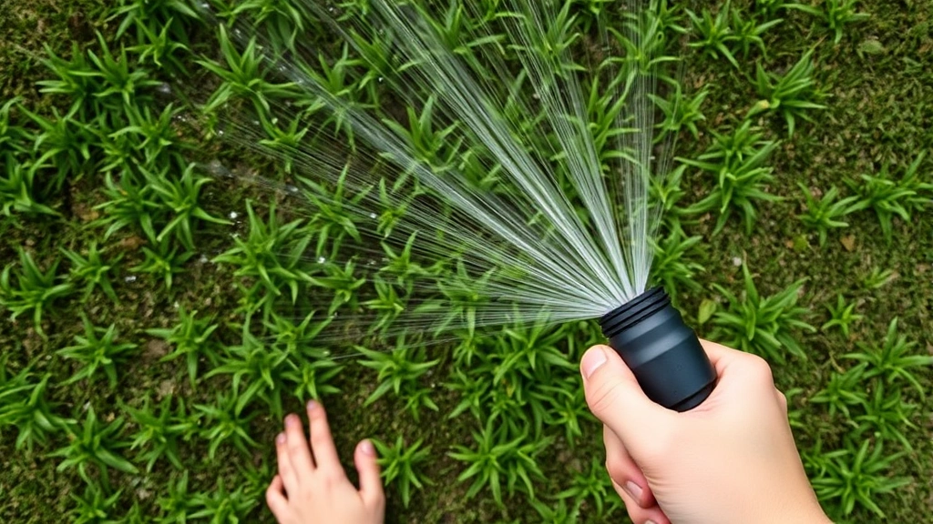 Overhead view of person using handheld sprinkler on young grass seedlings, water droplets visible mid-air, green shoots at various growth stages, residential lawn setting