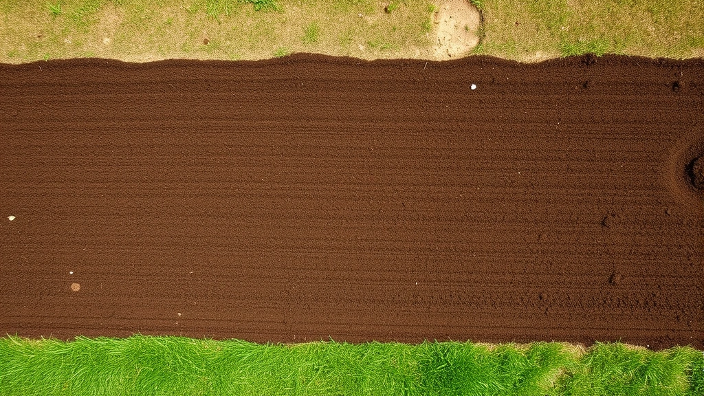 Wide overhead view of a well-prepared lawn bed with perfectly graded soil, showing different soil textures and moisture levels without any text or markings
