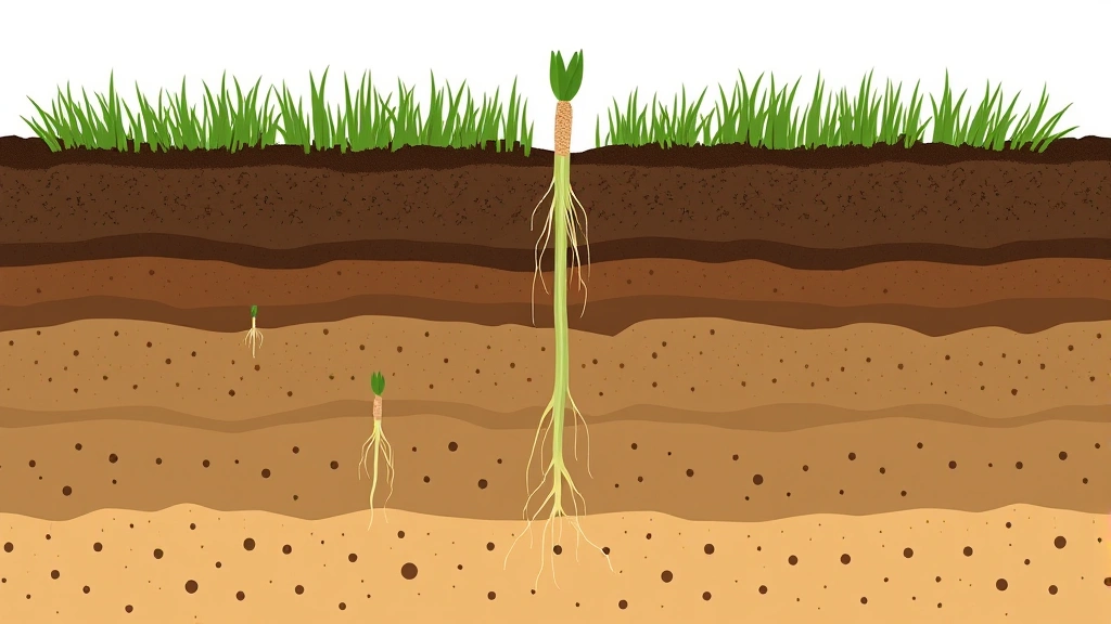 Cross-section illustration style showing grass seed roots developing underground with visible soil layers, tiny roots extending downward, seed at surface level, earthy tones