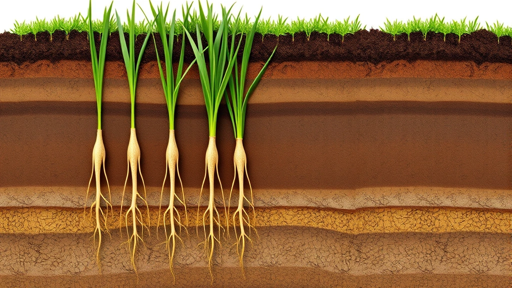 Cross-section illustration style view showing grass seed germination stages with developing roots penetrating soil layers, photorealistic earth tones and root structures