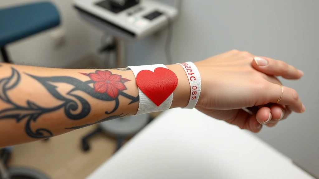 Fresh tattoo on forearm with red swelling and protective bandaging, clean professional studio setting, natural lighting showing skin inflammation