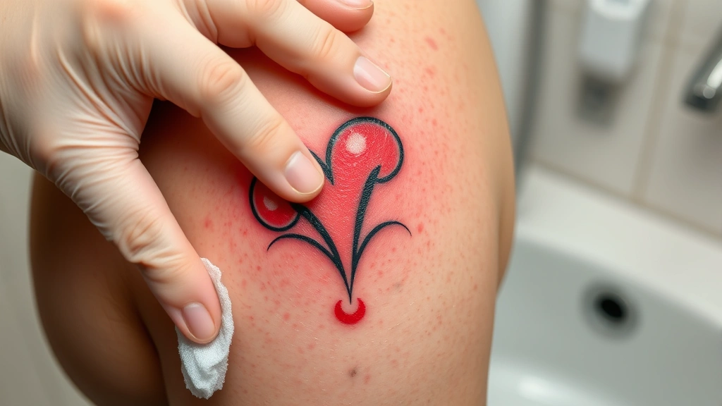 Close-up of a fresh tattoo on skin showing initial redness and swelling, with a hand gently cleaning it with a soft cloth and warm water in a bathroom setting