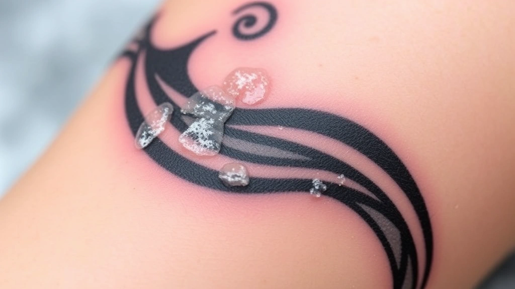 Close-up of healing tattoo during scabbing phase around day 7-10, showing thin scabs forming over colored ink design on arm skin