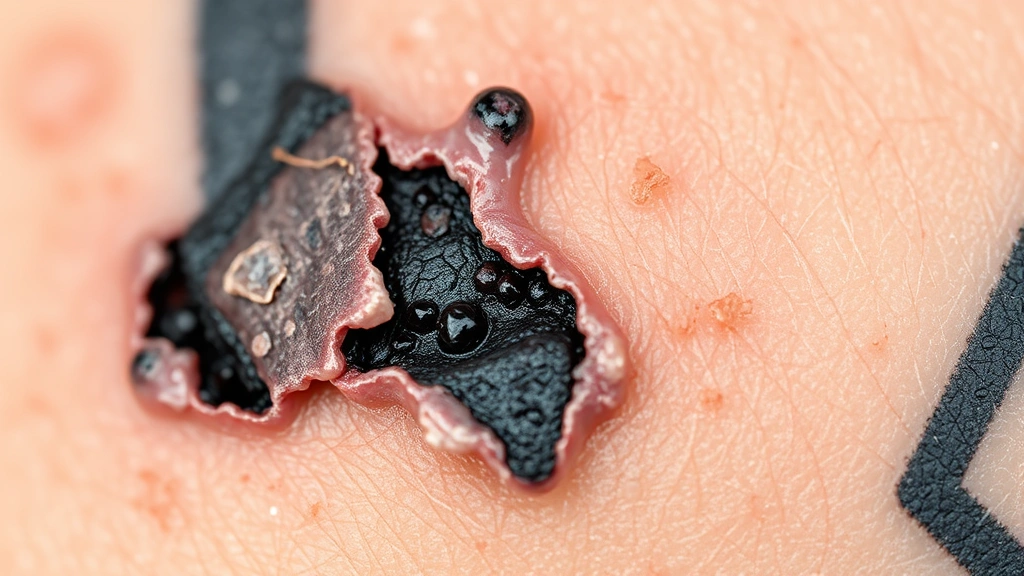 Macro photography of healing tattoo skin showing natural peeling and flaking during the middle healing phase, with visible ink settling into skin layers