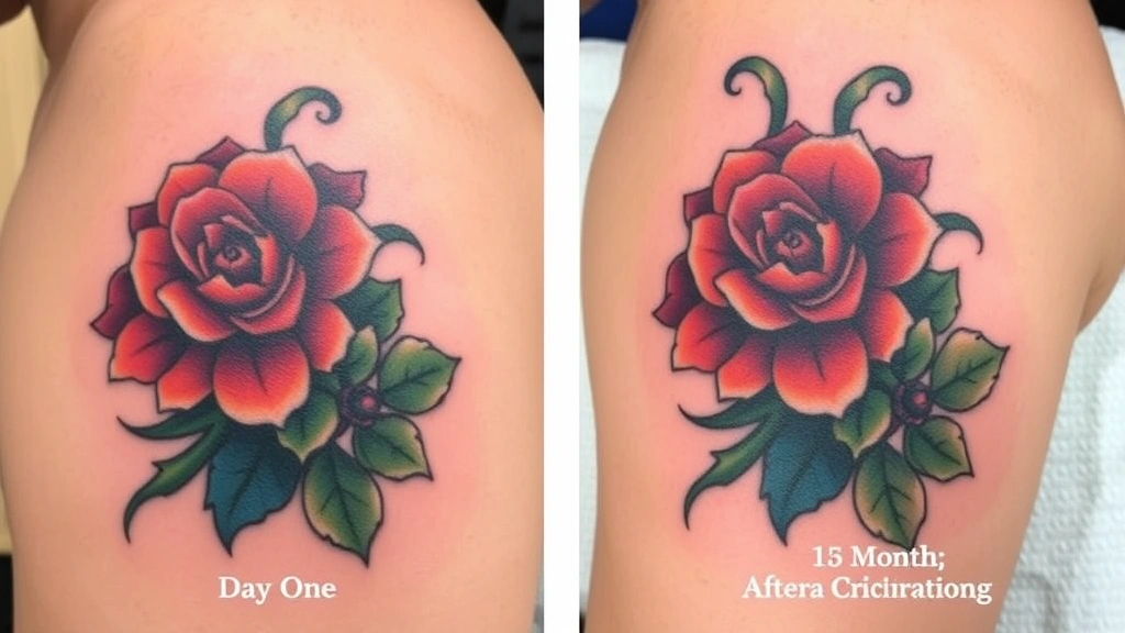 Split-screen comparison showing a fresh tattoo on day one with vibrant colors next to the same tattoo after one month of proper healing, demonstrating color clarification and final appearance