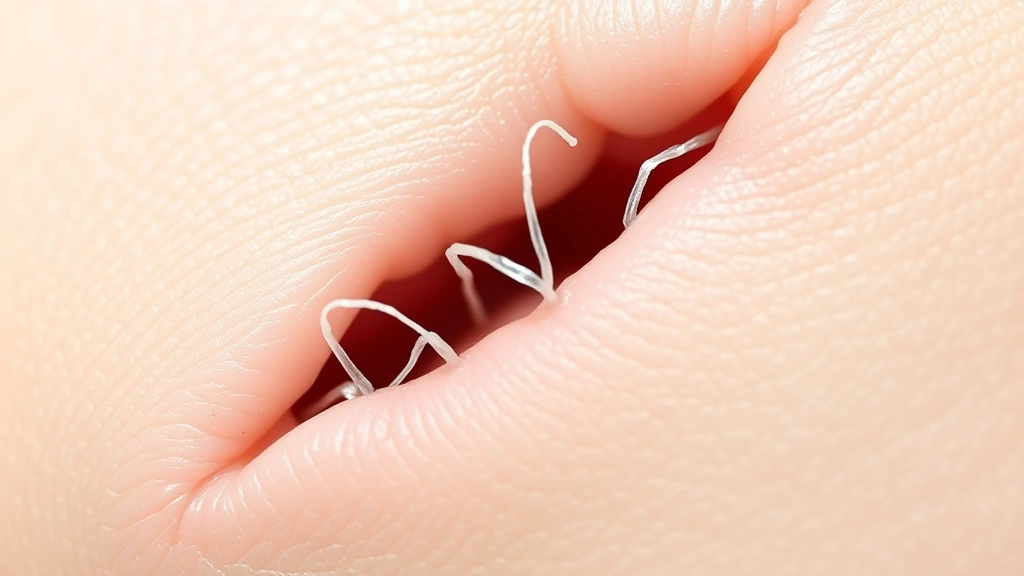 Close-up view of a healing surgical incision with visible absorbable sutures in early stages of dissolution, showing gradual breakdown of thread material on clean skin