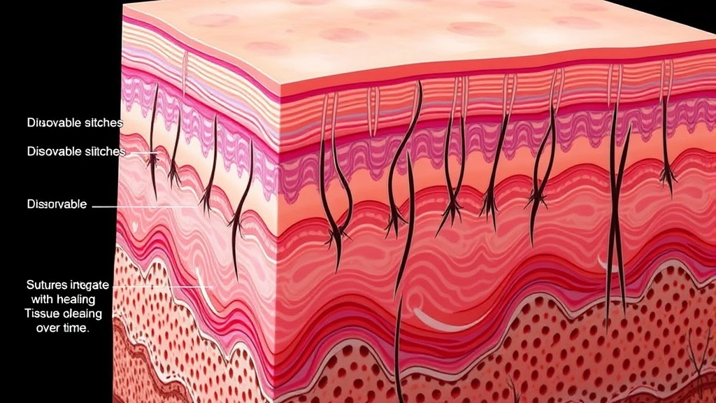 Detailed cross-section illustration showing layers of skin tissue with dissolvable stitches at different depths, demonstrating how sutures integrate with healing tissue over time