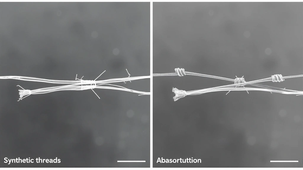 Side-by-side comparison of different suture materials at various dissolution stages, showing synthetic threads in different states of breakdown and absorption
