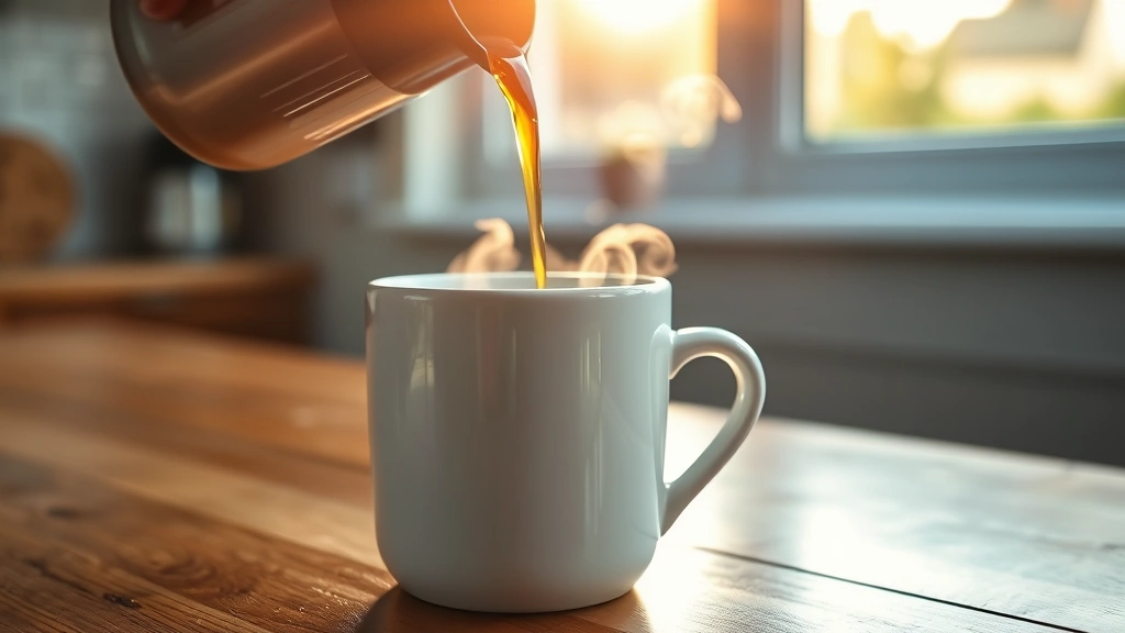 Close-up of coffee being poured into a white ceramic mug with steam rising, morning sunlight streaming through a kitchen window, wooden table surface visible