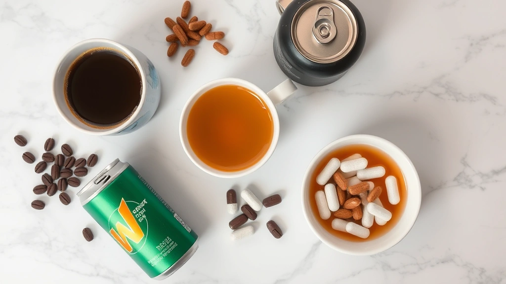 Overhead flat lay of various caffeine sources arranged on a marble countertop: coffee cup, tea cup, energy drink can, and caffeine pills in a small bowl