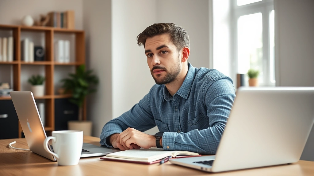 Person at desk looking focused and alert with a coffee cup nearby, bright natural light from window, modern home office setting with laptop and notebook